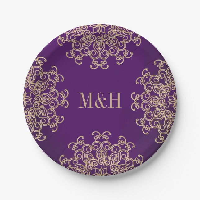 Monogrammed Purple and Gold Indian Style Wedding Paper Plate (Front)
