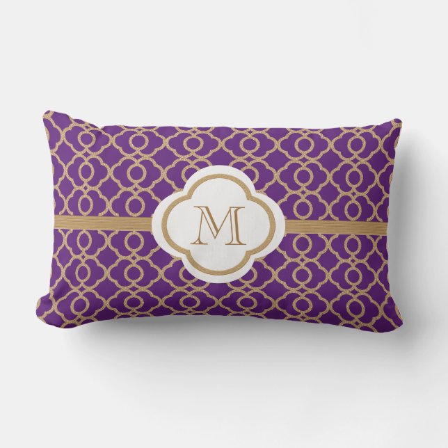 Monogrammed Purple and Gold Moroccan Lumbar Cushion (Front)