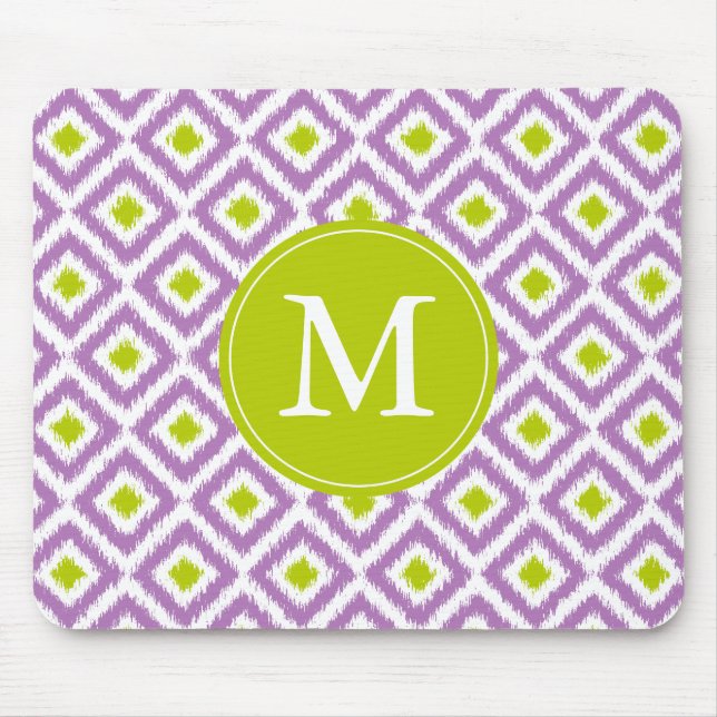 Monogrammed Purple and Green Ikat Pattern Mouse Mat (Front)