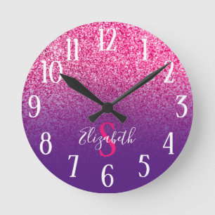 Monogrammed Purple and Hot Pink Glitter Ombre Round Clock