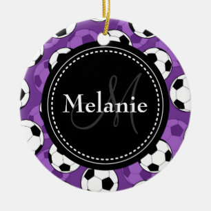 Monogrammed Purple Black Soccer Ball Pattern Ceramic Tree Decoration