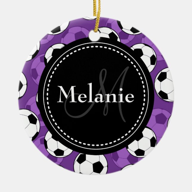 Monogrammed Purple Black Soccer Ball Pattern Ceramic Tree Decoration (Front)