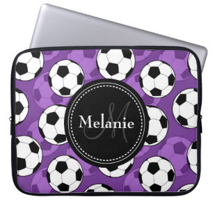 Monogrammed Purple Black Soccer Ball Pattern Laptop Sleeve
