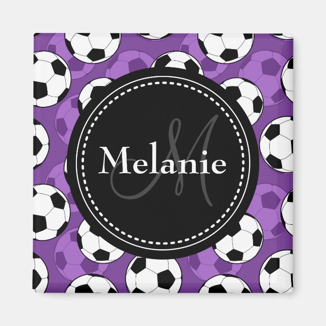 Monogrammed Purple Black Soccer Ball Pattern Magnet (Front)