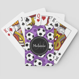 Monogrammed Purple Black Soccer Ball Pattern Playing Cards