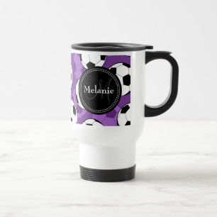 Monogrammed Purple Black Soccer Ball Pattern Travel Mug