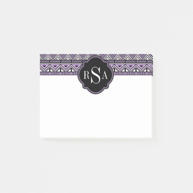 Monogrammed Purple Black Tribal Pattern Post-it Notes (Front)