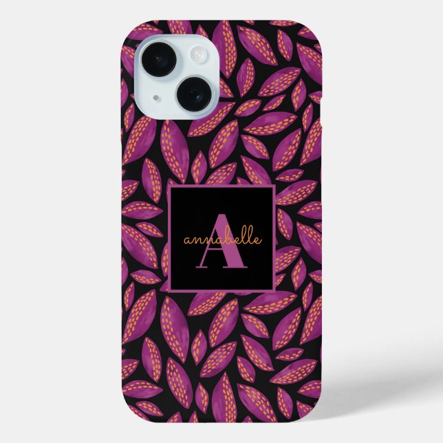 Monogrammed Purple Fall Leaves Pattern Case-Mate iPhone Case (Back)