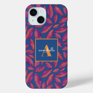 Monogrammed Purple Fall Leaves Pattern iPhone 15 Case