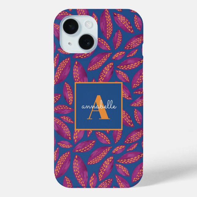Monogrammed Purple Fall Leaves Pattern Case-Mate iPhone Case (Back)