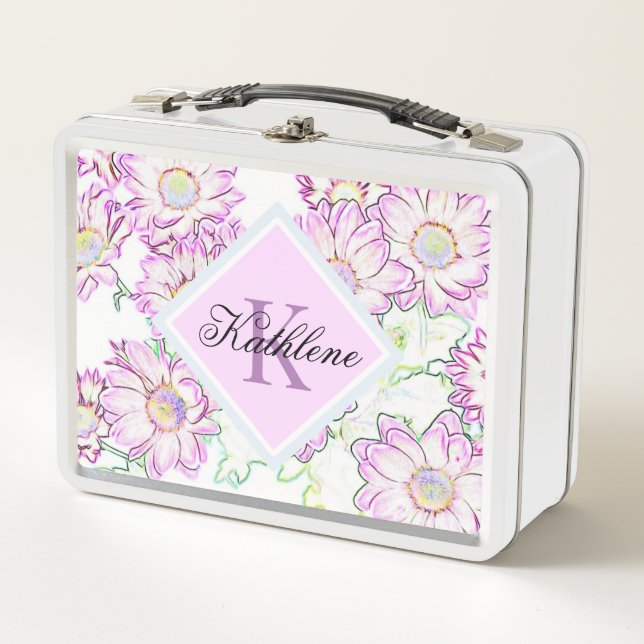 Monogrammed Purple Floral Vintage Metal Lunch Box (Front)