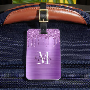 Monogrammed Purple Glitter Drip Brushed Metal Luggage Tag
