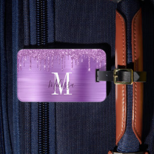 Monogrammed Purple Glitter Drip Metal Luggage Tag