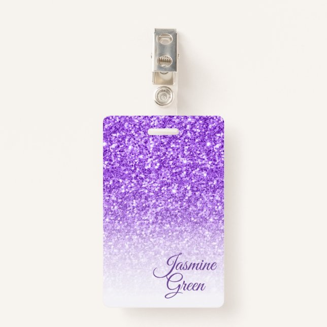 Monogrammed Purple Glitter ID Badge (Front with Clip)