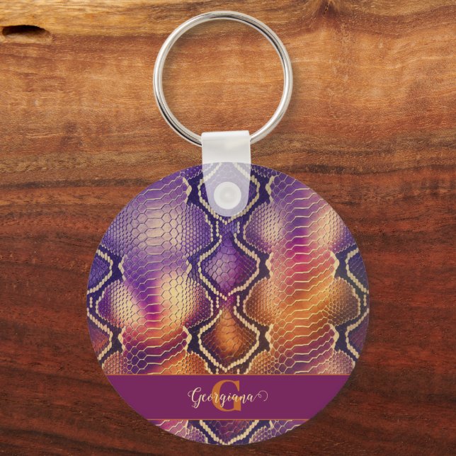 Monogrammed Purple & Gold Shimmering Snake Skin Key Ring (Front)