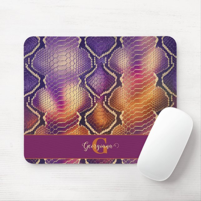 Monogrammed Purple & Gold Shimmering Snake Skin Mouse Mat (With Mouse)