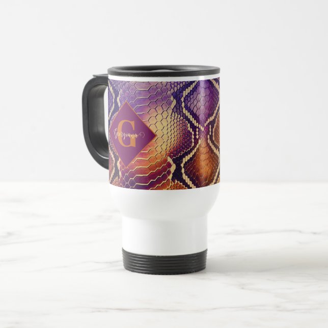 Monogrammed Purple & Gold Shimmering Snake Skin Travel Mug (Front Left)