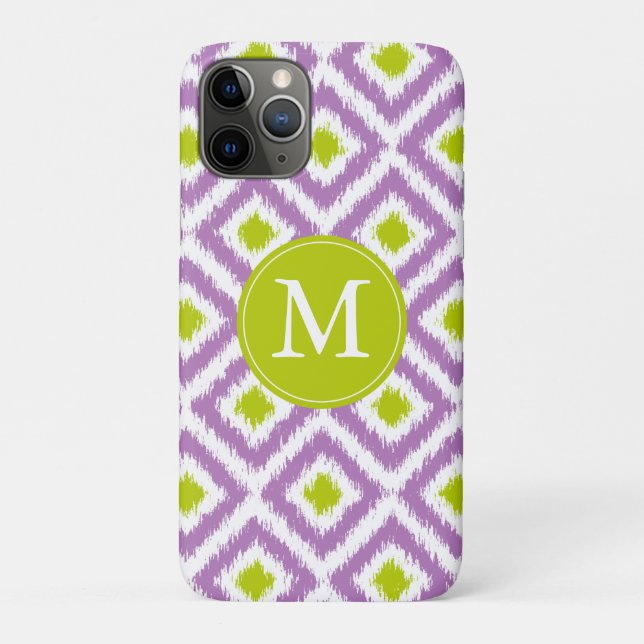 Monogrammed Purple Green Diamond Ikat Pattern Case-Mate iPhone Case (Back)