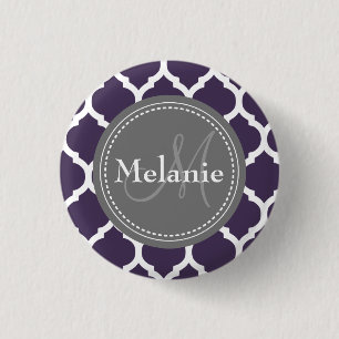 Monogrammed Purple & Grey Quatrefoil 3 Cm Round Badge