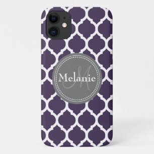 Monogrammed Purple & Grey Quatrefoil iPhone 11 Case