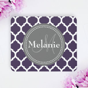 Monogrammed Purple & Grey Quatrefoil Mouse Mat