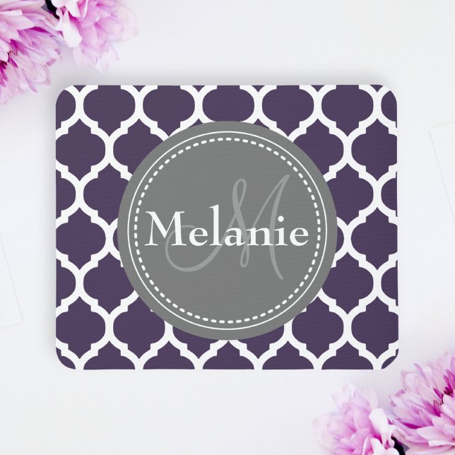 Monogrammed Purple & Grey Quatrefoil Mouse Mat (Creator Uploaded)
