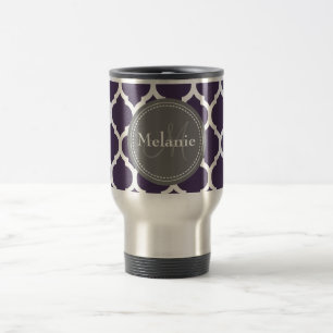 Monogrammed Purple & Grey Quatrefoil Travel Mug