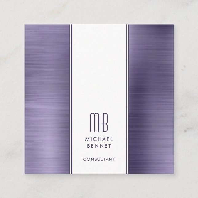 Monogrammed Purple Metallic Foil Consultant Square Business Card (Front)