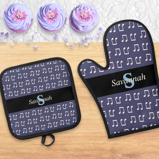 Monogrammed Purple Musical Patterned Music Notes Oven Mitt & Pot Holder Set (A monogrammed oven glove and pot holder set in muted violet, with pattern of musical notes)