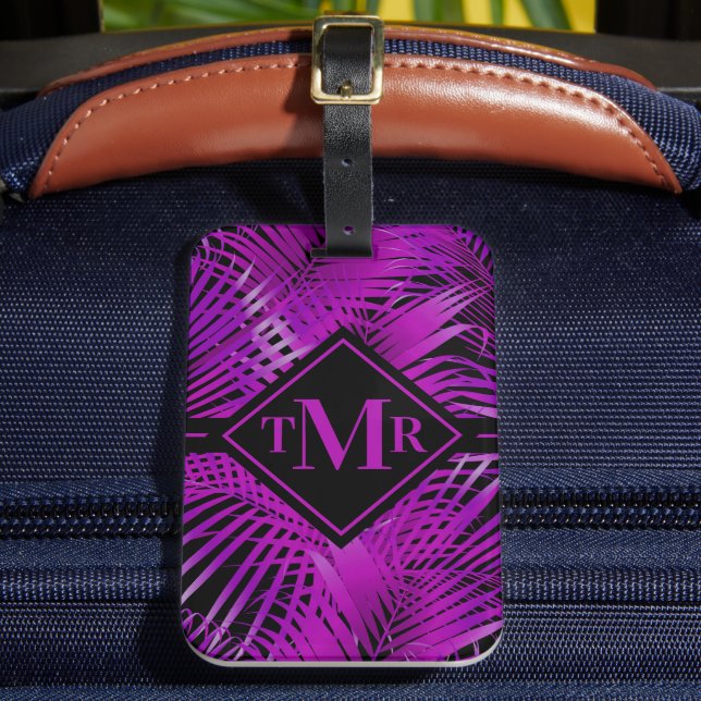 Monogrammed Purple Palm Tropical Luggage Tag (Front Insitu 2)