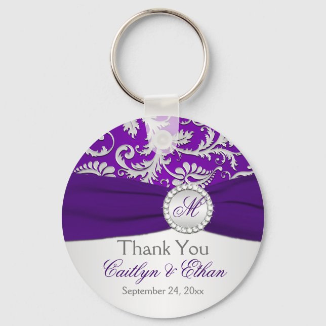 Monogrammed Purple, Silver Wedding Favour Key Chai Key Ring (Front)