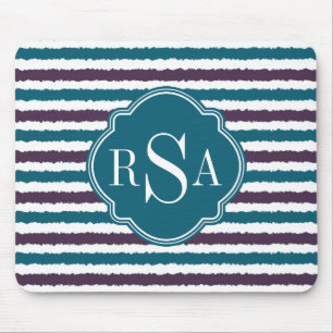 Monogrammed Purple Teal Ikat Stripe Pattern Mouse Mat