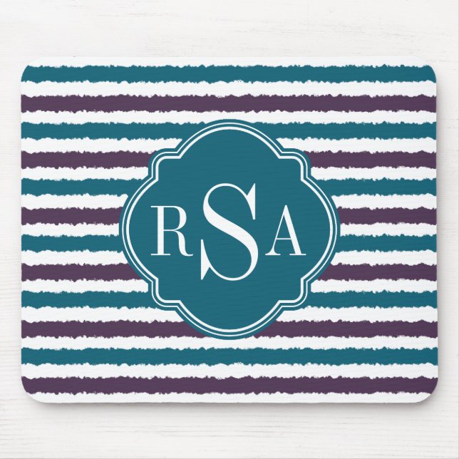 Monogrammed Purple Teal Ikat Stripe Pattern Mouse Mat (Front)