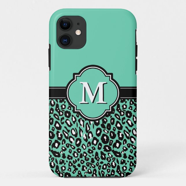 Monogrammed Quatrefoil Mint Leopard Spots Case-Mate iPhone Case (Back)