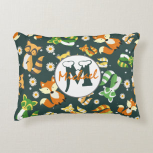 Monogrammed raccoons pattern nursery navy blue boy decorative cushion
