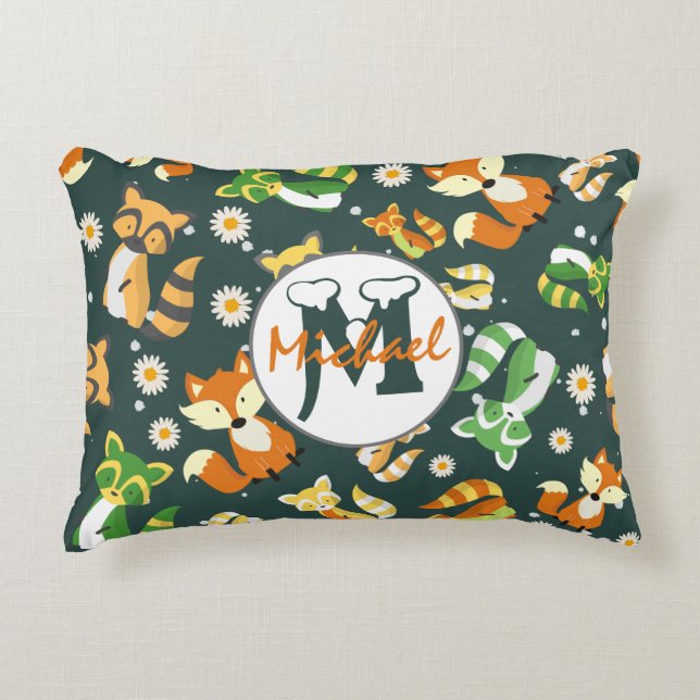 Monogrammed raccoons pattern nursery navy blue boy decorative cushion (Front)