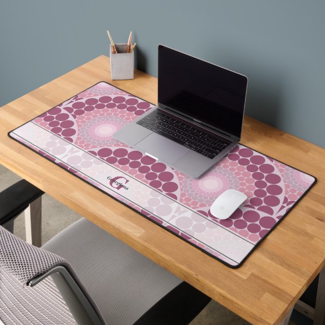 Monogrammed Radiant Pinks Dusky Rose Dot Mandala Desk Mat (Office 2)