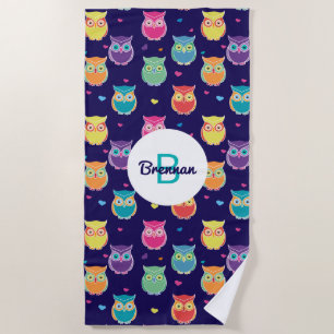 Monogrammed Rainbow Blue Owl Pattern Girls Animal Beach Towel