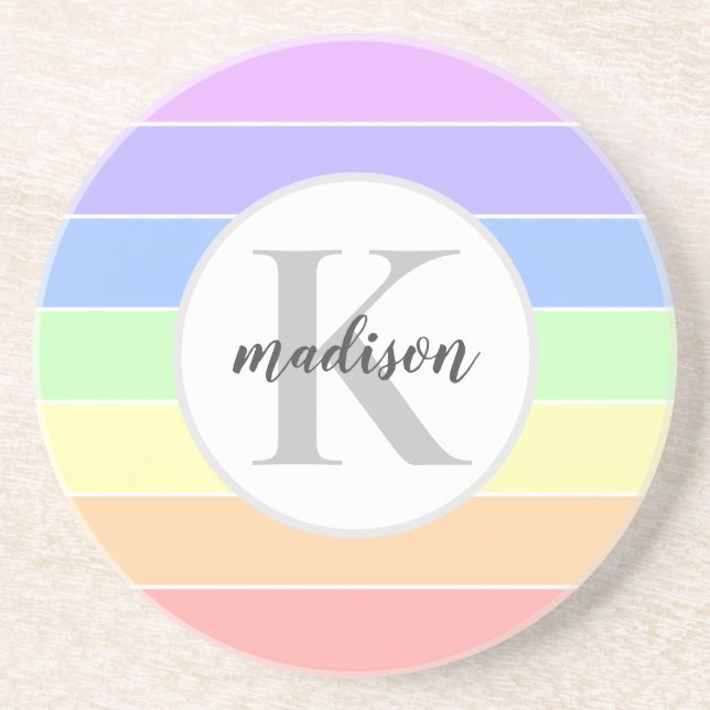 Monogrammed Rainbow Colorful Stripes Pattern Coaster (Front)