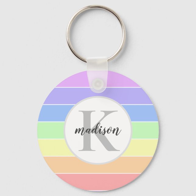 Monogrammed Rainbow Colorful Stripes Pattern Key Ring (Front)