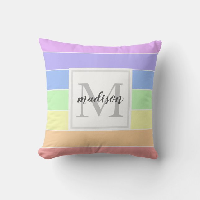 Monogrammed Rainbow Colourful Stripes Pattern Cushion (Front)