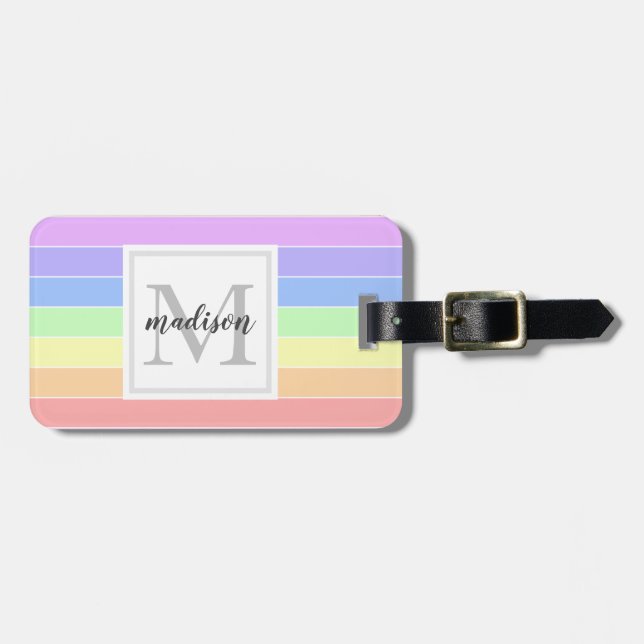 Monogrammed Rainbow Colourful Stripes Pattern Luggage Tag (Front Horizontal)
