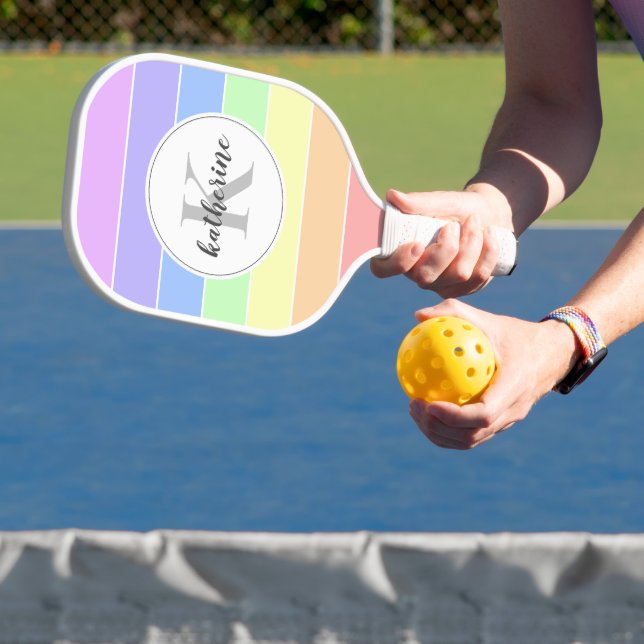 Monogrammed Rainbow Colourful Stripes Pattern Pickleball Paddle (Insitu)