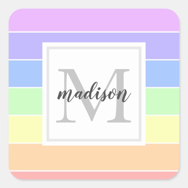 Monogrammed Rainbow Colourful Stripes Pattern Square Sticker (Front)