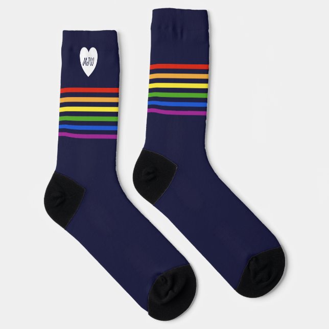 Monogrammed Rainbow Stripe Navy Blue Socks (Right)