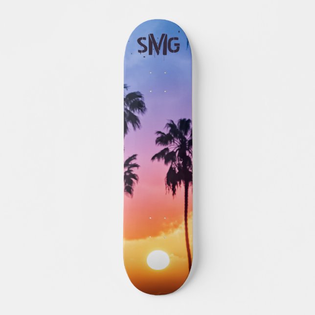 Monogrammed Rainbow Sun Palm Tree Personalised Skateboard (Front)