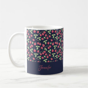 Monogrammed Raspberry Flowers Blue Floral Custom Coffee Mug