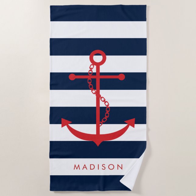 Monogrammed Red Anchor on Navy Stripes Beach Towel (Front)