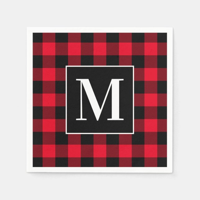 Monogrammed Red and Black Buffalo Plaid Napkin (Front)