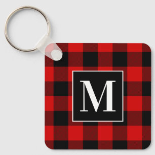 Monogrammed Red and Black Buffalo Plaid Photo Key Ring